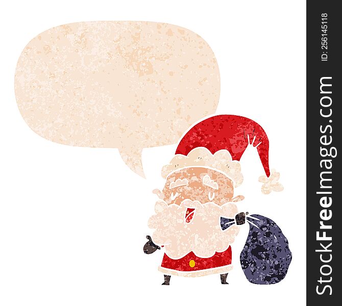 Cartoon Santa Claus With Sack And Speech Bubble In Retro Textured Style