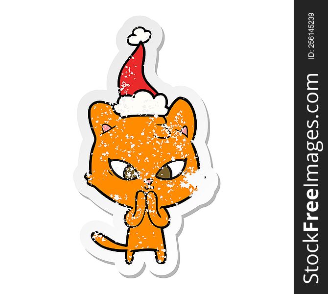 Cute Distressed Sticker Cartoon Of A Cat Wearing Santa Hat