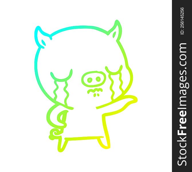 Cold Gradient Line Drawing Cartoon Pig Crying Pointing