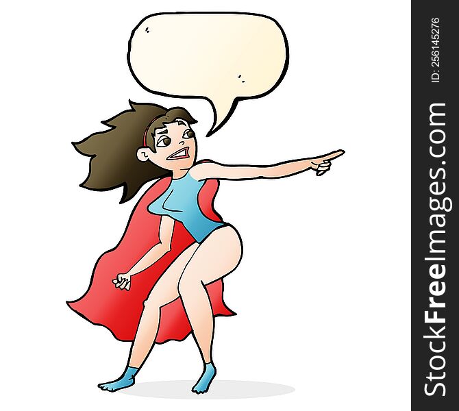 cartoon superhero woman pointing with speech bubble