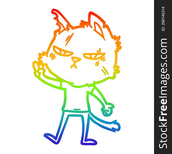 Rainbow Gradient Line Drawing Tough Cartoon Cat Giving Victory Sign