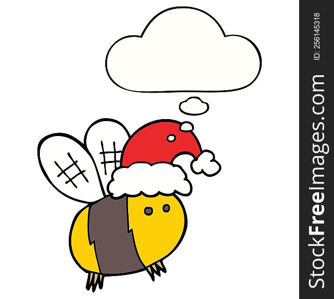 Cute Cartoon Bee Wearing Christmas Hat And Thought Bubble