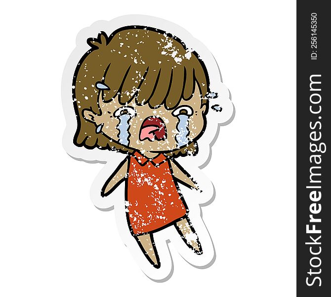 distressed sticker of a cartoon girl crying