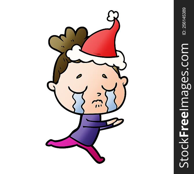 hand drawn gradient cartoon of a crying woman wearing santa hat