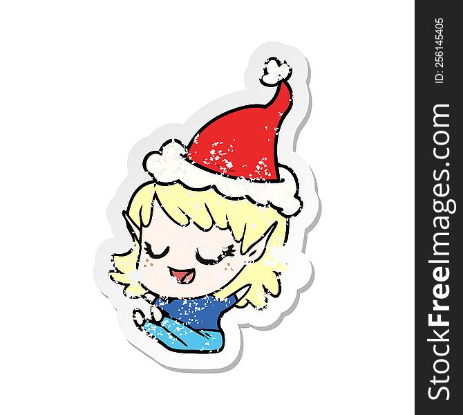 Happy Distressed Sticker Cartoon Of A Elf Girl Sitting Wearing Santa Hat