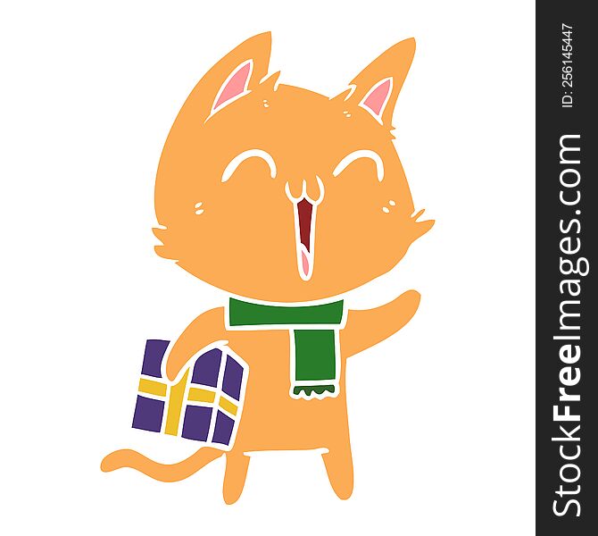 happy flat color style cartoon cat with christmas gift