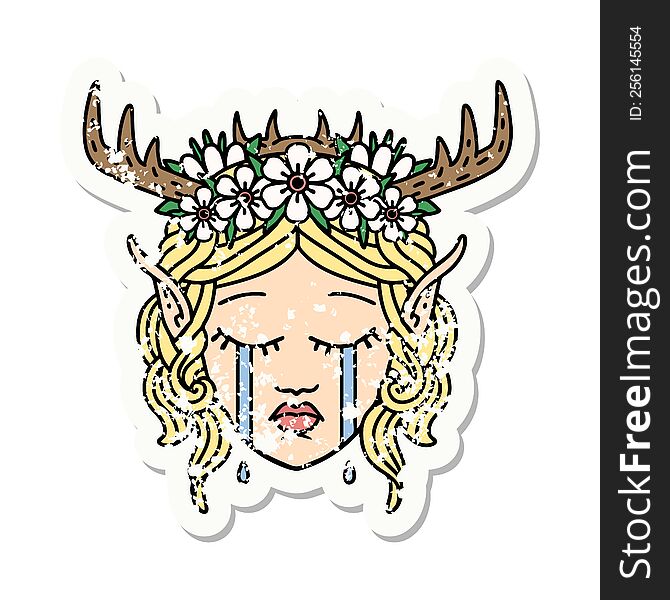 grunge sticker of a crying elf druid character face. grunge sticker of a crying elf druid character face