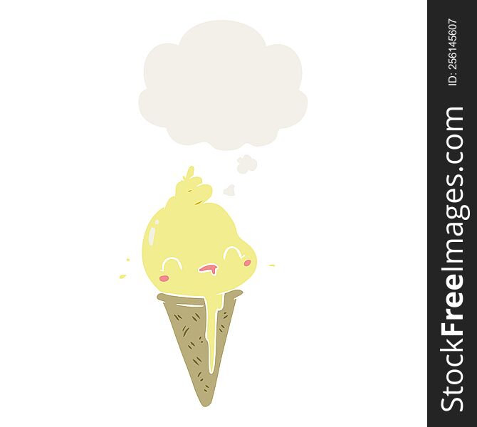 Cute Cartoon Ice Cream And Thought Bubble In Retro Style