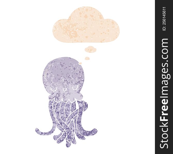 Cute Cartoon Jellyfish And Thought Bubble In Retro Textured Style
