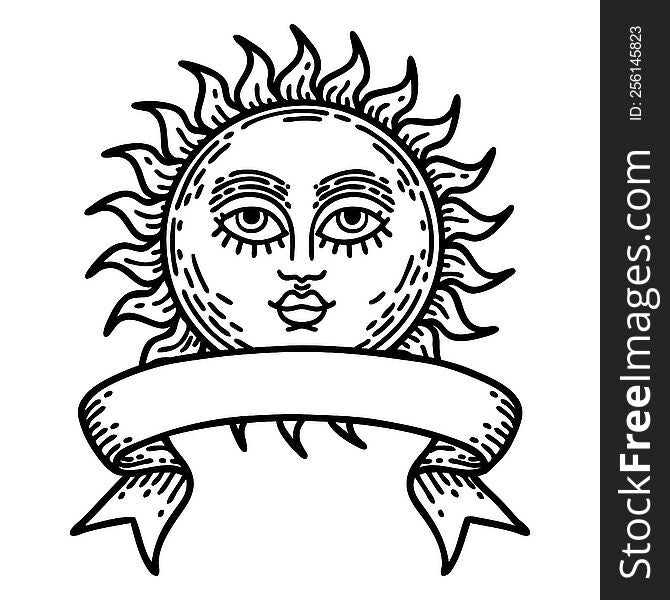 Black Linework Tattoo With Banner Of A Sun With Face