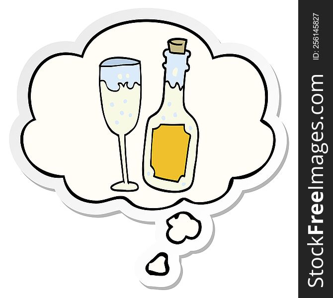 cartoon champagne bottle and glass with thought bubble as a printed sticker