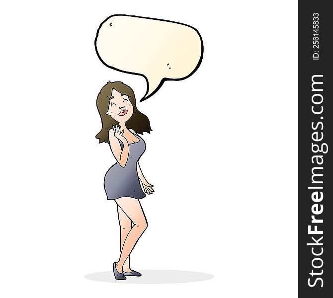 Cartoon Pretty Woman In Cocktail Dress With Speech Bubble