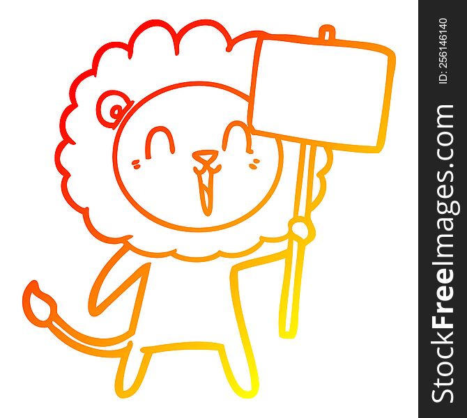 warm gradient line drawing of a laughing lion cartoon with placard
