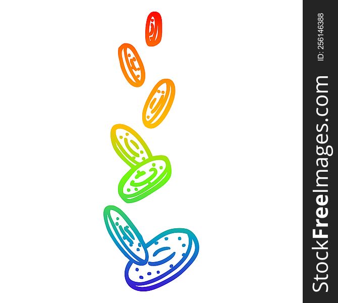 rainbow gradient line drawing of a cartoon falling coins