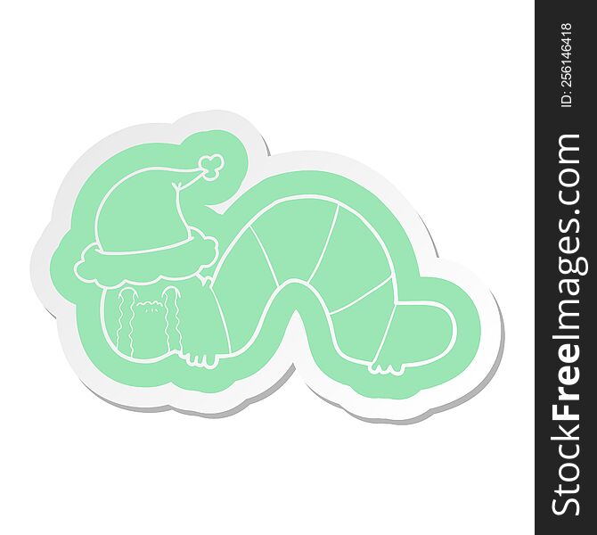 quirky cartoon  sticker of a caterpillar obsessing over his regrets wearing santa hat