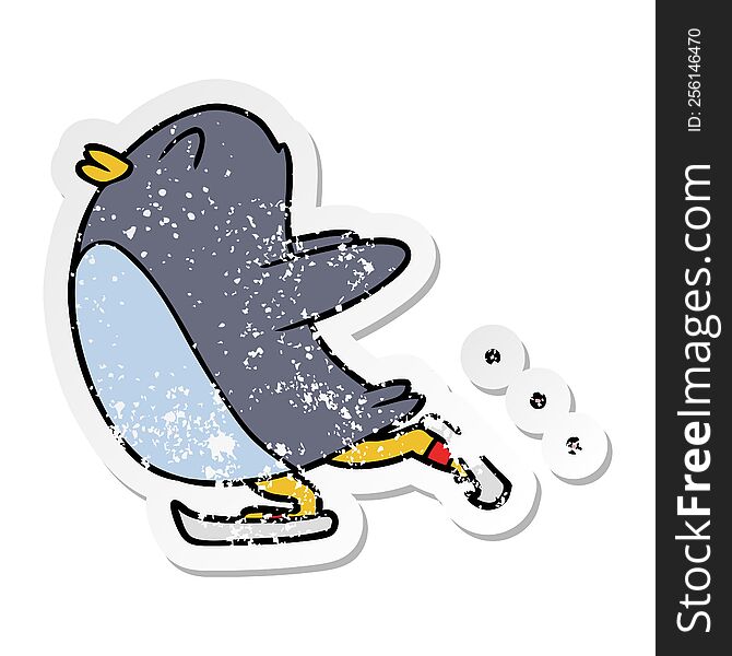 Distressed Sticker Of A Cartoon Penguin Ice Skating