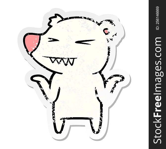 Distressed Sticker Of A Angry Polar Bear Cartoon Shrugging Shoulders