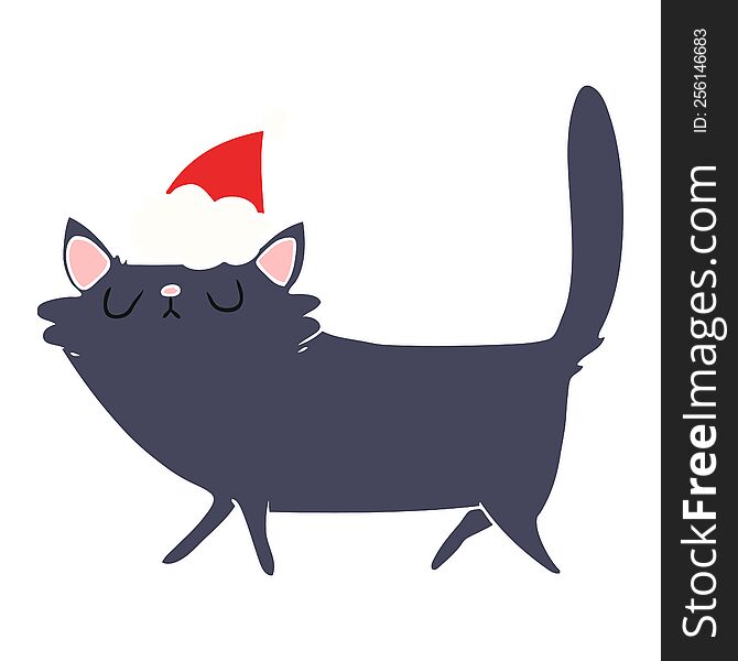 Flat Color Illustration Of A Black Cat Wearing Santa Hat