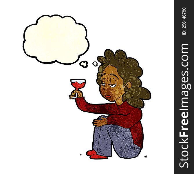 cartoon unhappy woman with glass of wine with thought bubble