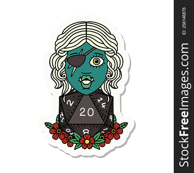 sticker of a half orc rogue with natural 20 dice roll. sticker of a half orc rogue with natural 20 dice roll