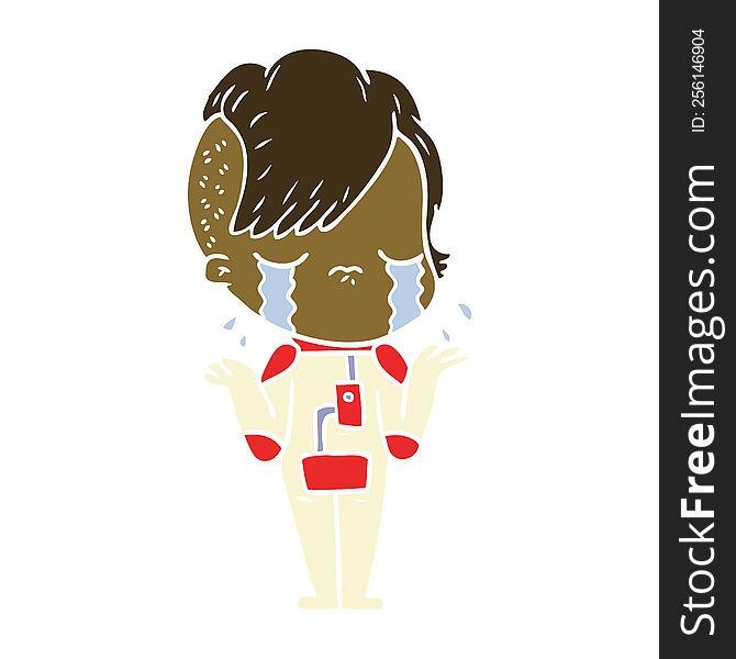 Flat Color Style Cartoon Crying Girl Wearing Space Clothes