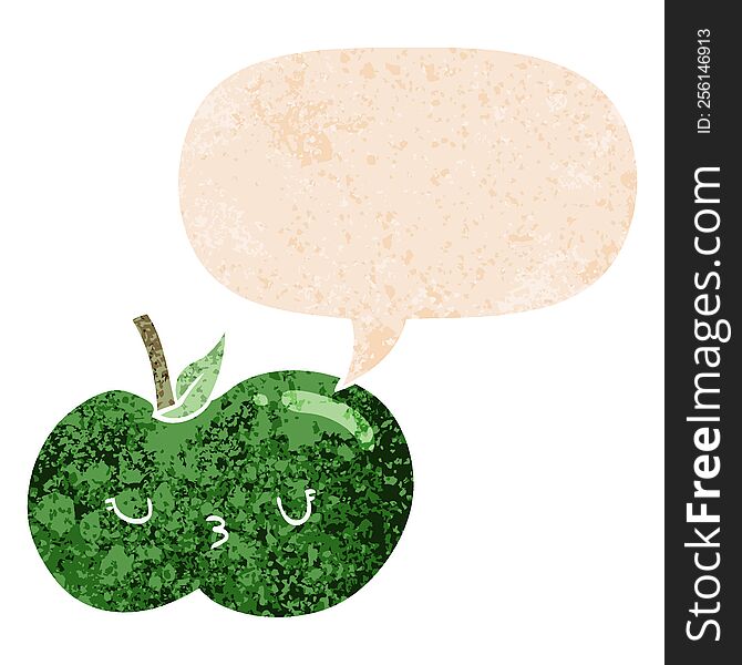 Cartoon Cute Apple And Speech Bubble In Retro Textured Style