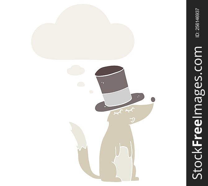 Cartoon Wolf Whistling Wearing Top Hat And Thought Bubble In Retro Style
