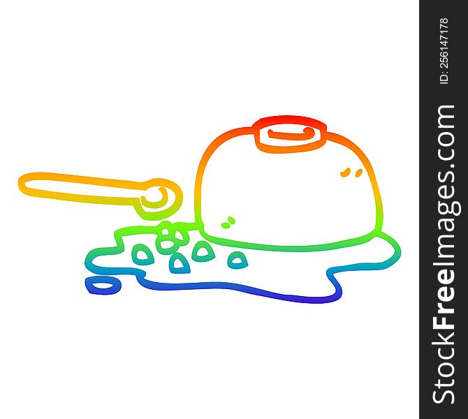 rainbow gradient line drawing of a cartoon spilt cereal bowl