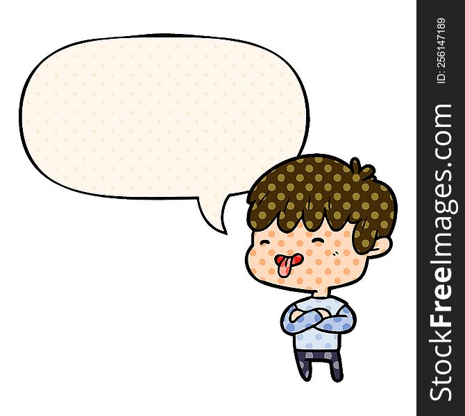 cartoon boy sticking out tongue with speech bubble in comic book style