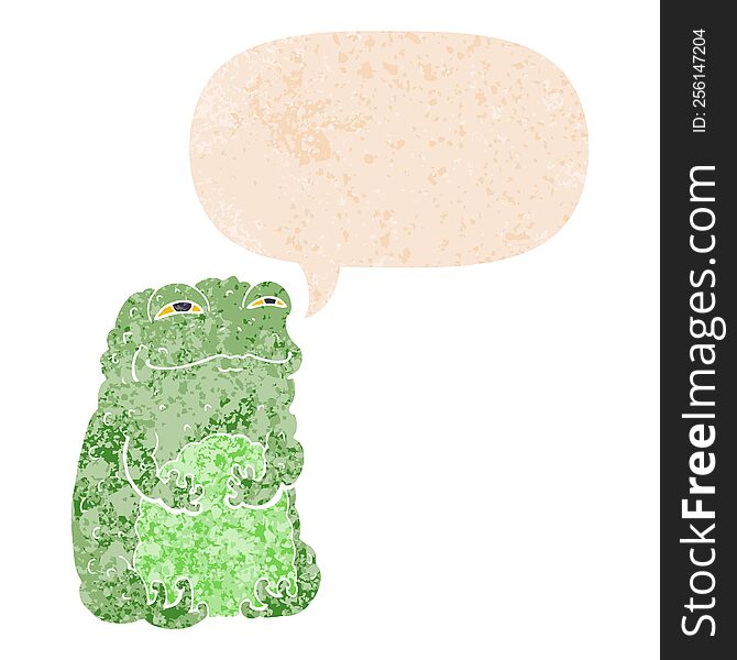 cartoon smug toad and speech bubble in retro textured style