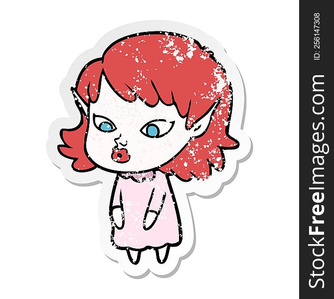 distressed sticker of a cartoon elf girl with pointy ears