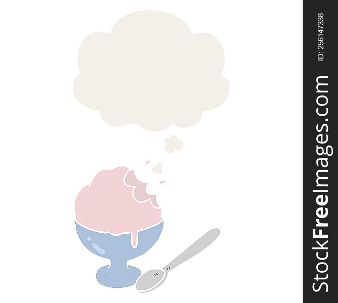cartoon ice cream dessert with thought bubble in retro style