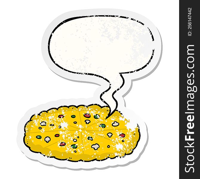 cartoon double cheese pizza with speech bubble distressed distressed old sticker. cartoon double cheese pizza with speech bubble distressed distressed old sticker