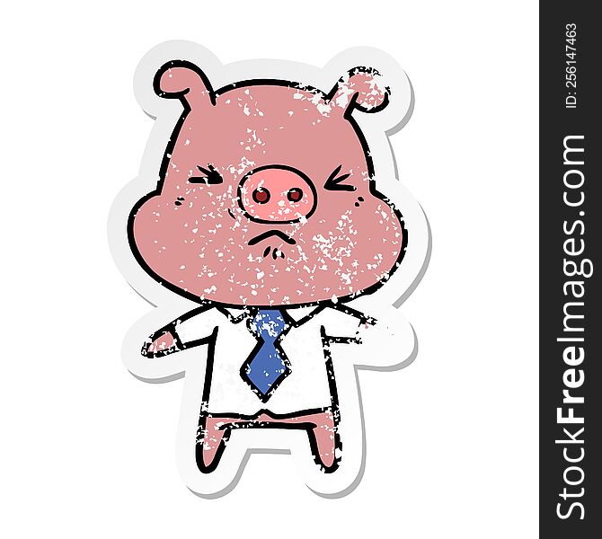 distressed sticker of a cartoon angry pig in shirt and tie