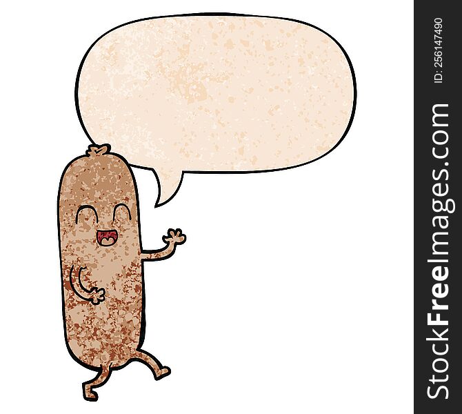 Cartoon Dancing Sausage And Speech Bubble In Retro Texture Style