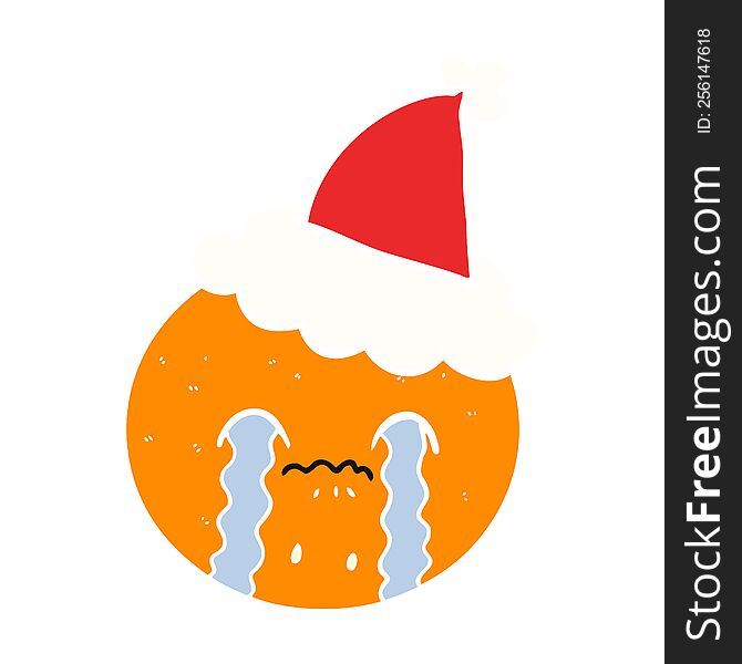 hand drawn flat color illustration of a orange wearing santa hat