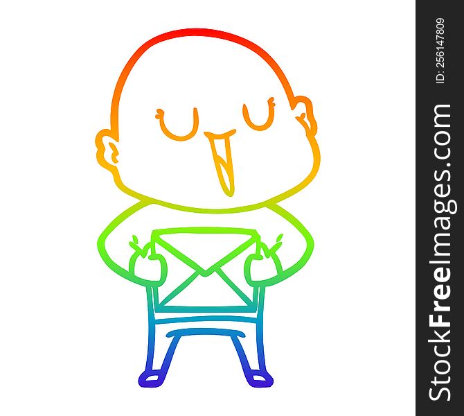 rainbow gradient line drawing happy cartoon bald man with package