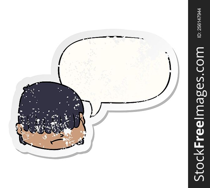 Cartoon Face And Hair Over Eyes And Speech Bubble Distressed Sticker