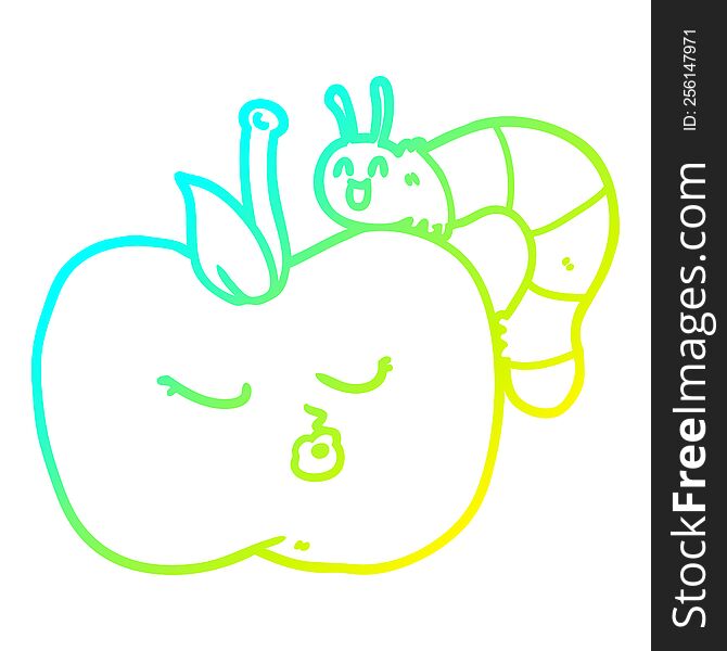 cold gradient line drawing of a cartoon pretty apple and bug