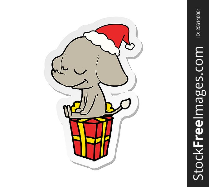 Sticker Cartoon Of A Smiling Elephant Wearing Santa Hat