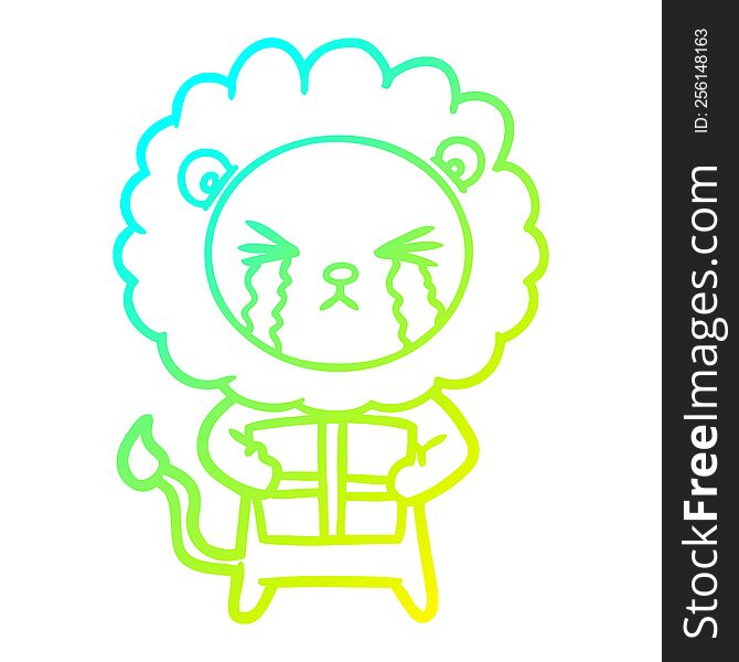 Cold Gradient Line Drawing Cartoon Crying Lion With Gift