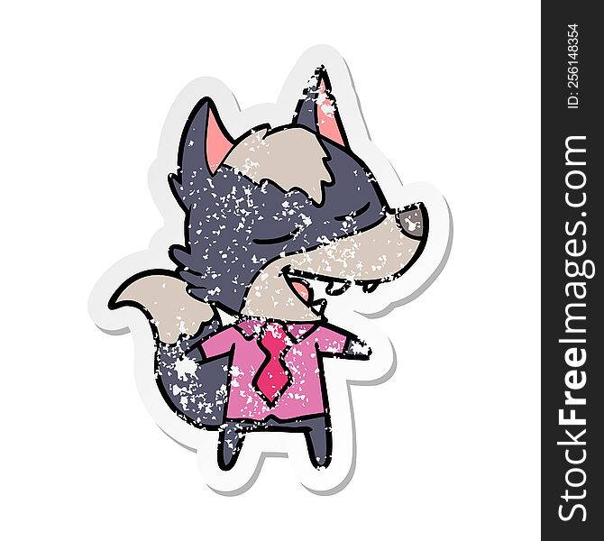 Distressed Sticker Of A Cartoon Office Wolf Laughing