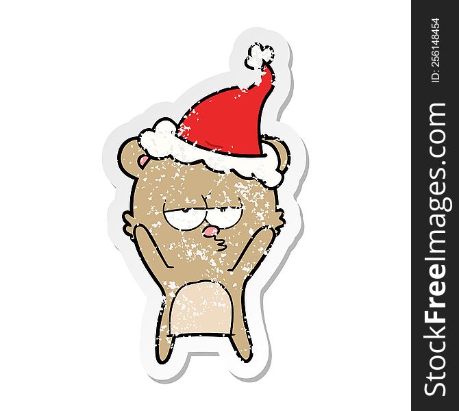 bored bear hand drawn distressed sticker cartoon of a wearing santa hat. bored bear hand drawn distressed sticker cartoon of a wearing santa hat