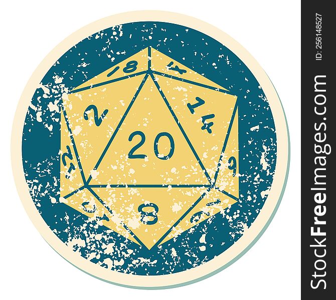 distressed sticker tattoo style icon of a d20 dice