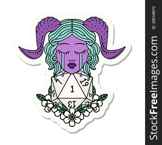 sticker of a crying tiefling with natural one D20 dice roll. sticker of a crying tiefling with natural one D20 dice roll