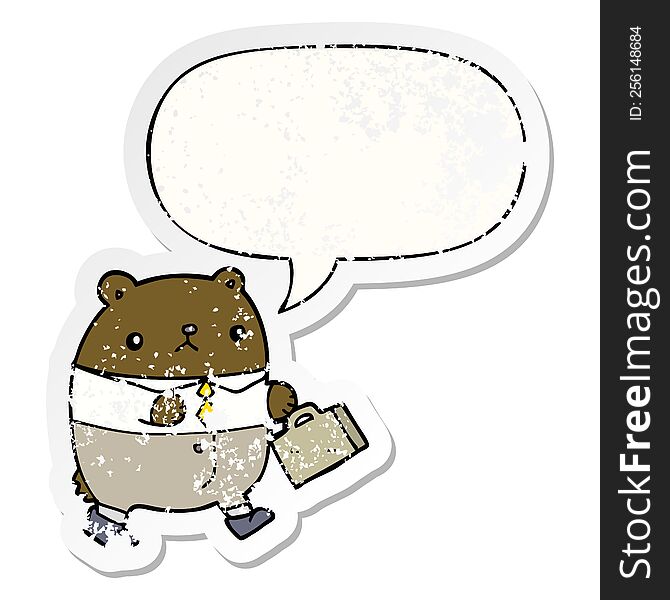 Cartoon Bear In Work Clothes And Speech Bubble Distressed Sticker