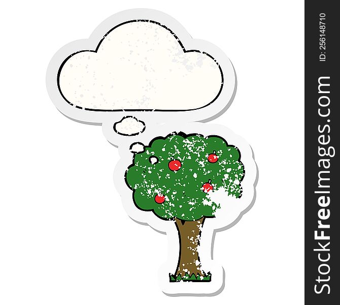 cartoon apple tree with thought bubble as a distressed worn sticker