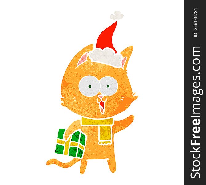 Funny Retro Cartoon Of A Cat Wearing Santa Hat