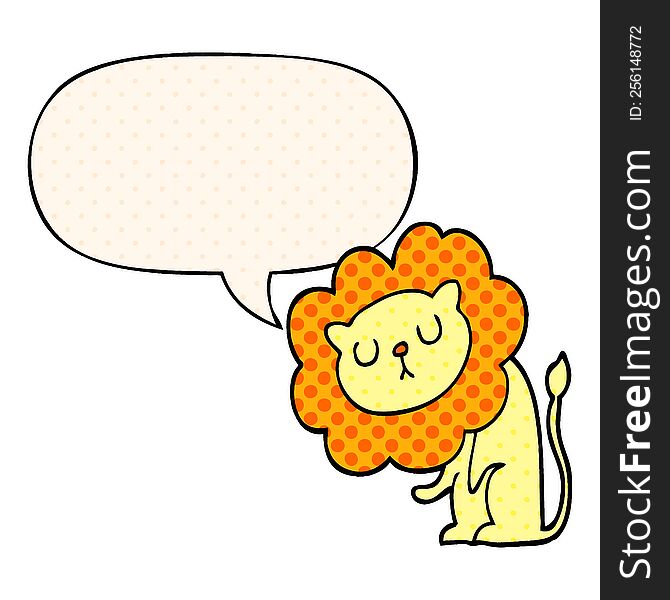 cute cartoon lion with speech bubble in comic book style