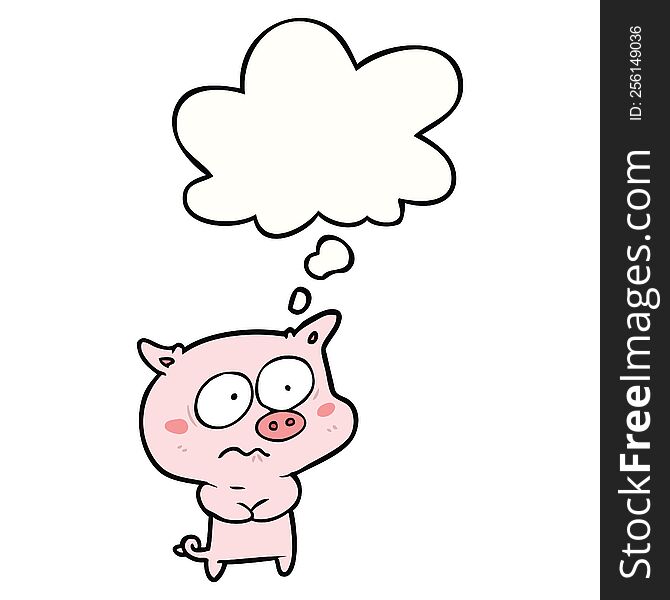 cartoon nervous pig with thought bubble. cartoon nervous pig with thought bubble